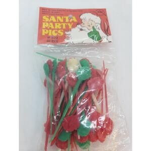 Vintage Santa Party Cupcake Pics Plastic Cocktail Toothpicks 60 Count Christmas